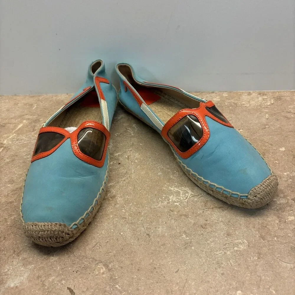 Tory Burch Sunglasses Leather Espadrille Shoes Women 8.5 Logo Leather Aqua